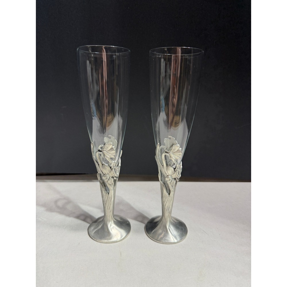 Vintage Seagull Pewter Floral Champagne Flutes Set of 2 Hand Blown Glass Canada